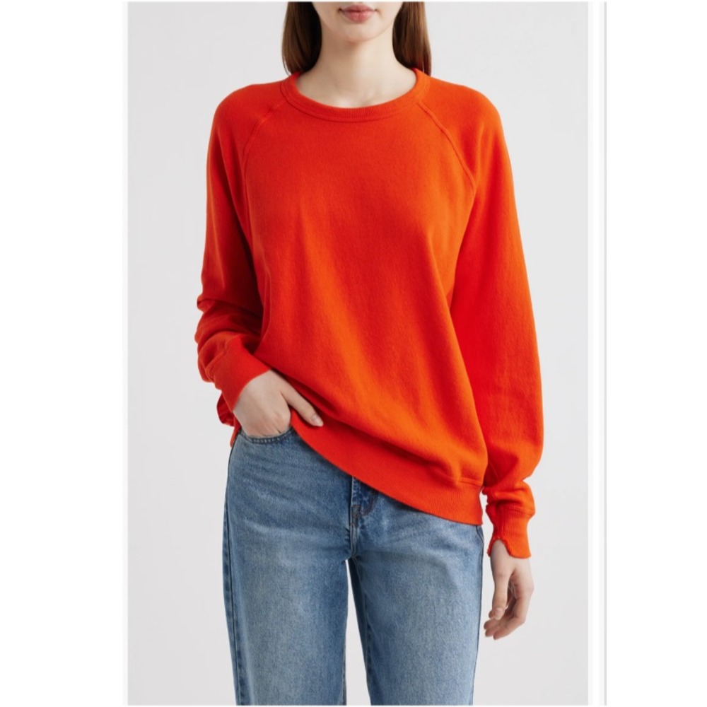THE GREAT College Sweatshirt Women 2 Coral Orange Distressed Raglan Cotton
